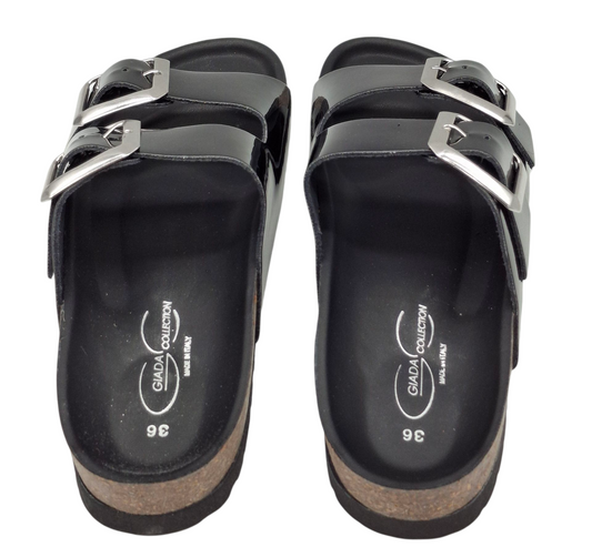 Ciabatte Donna Doppia Fibbia Pelle Nero Lucido Modello Birkenstock Arizona