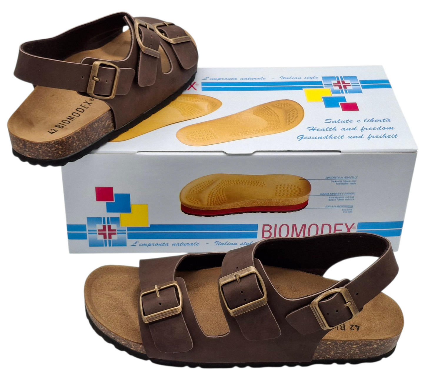 Sandali unisex Ciabatte Tipo Birkenstock Milano Marrone Fibbie Plantare Anatomico