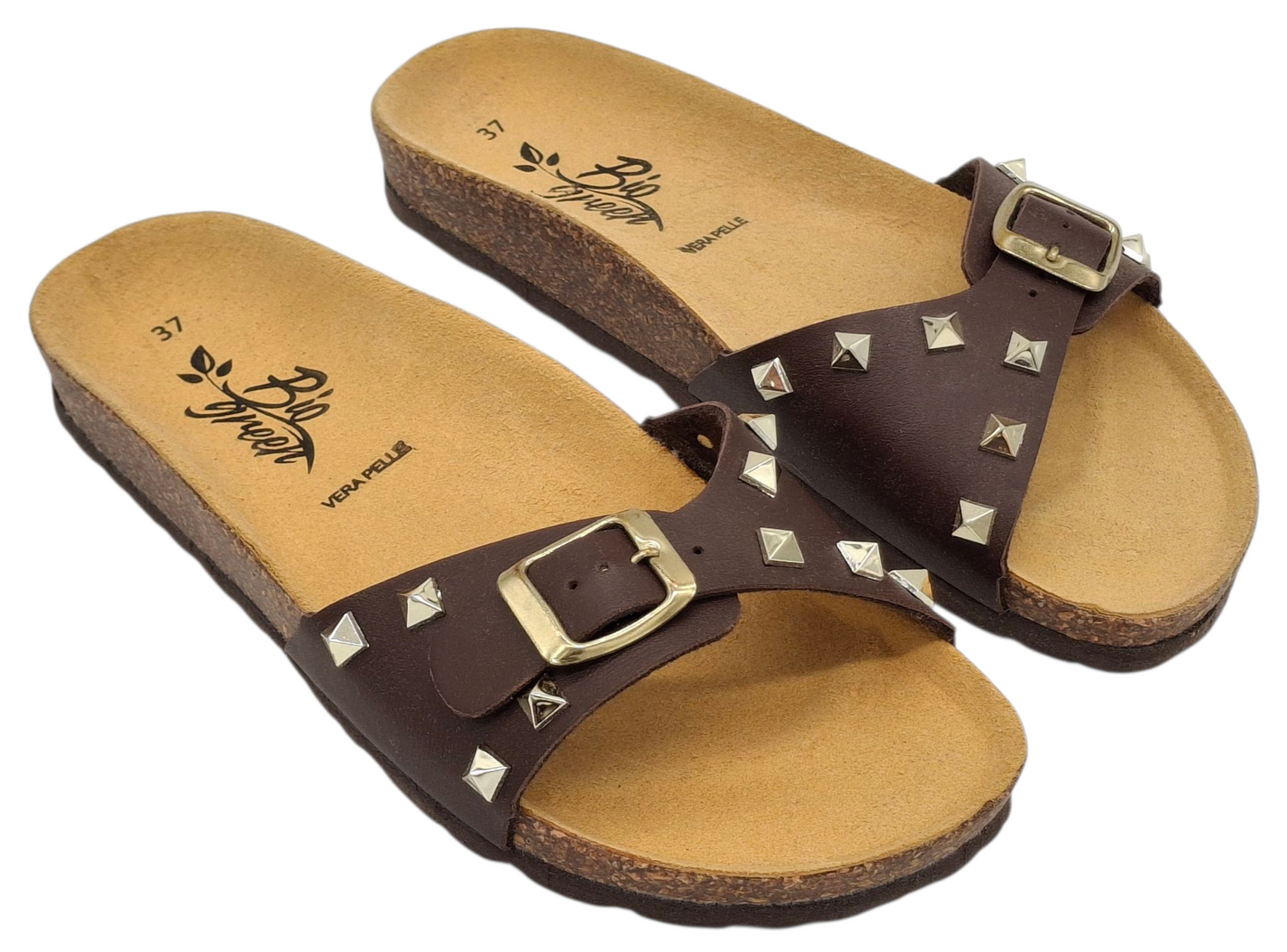 Ciabatte donna stile Birkenstock Bio Green pelle borchiata fibbia regolabile