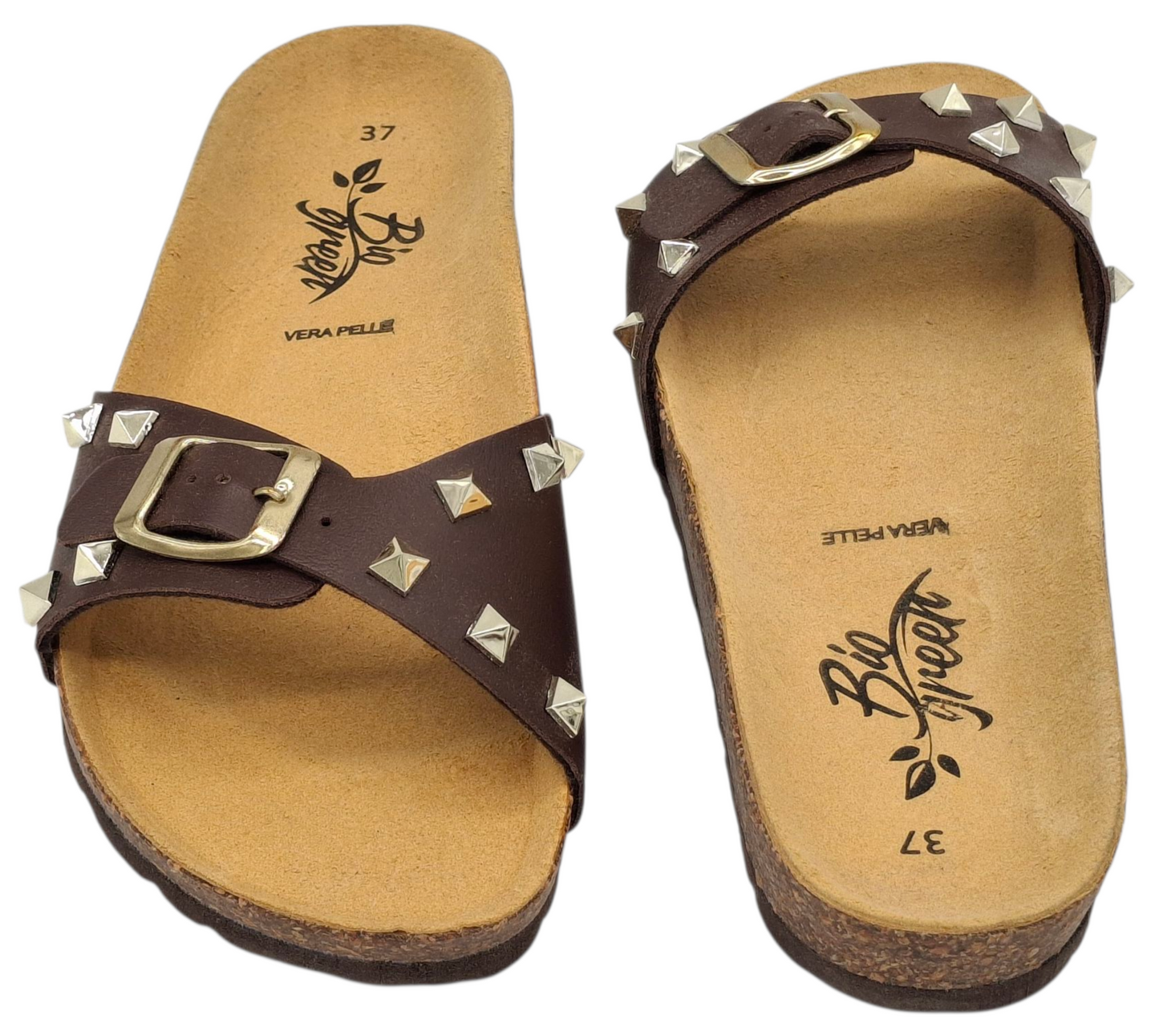 Ciabatte donna stile Birkenstock Bio Green pelle borchiata fibbia regolabile