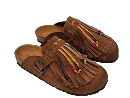 Sabot simil birkenstock Ciabatte con Frange in Camoscio Donna Stile Boho Chic
