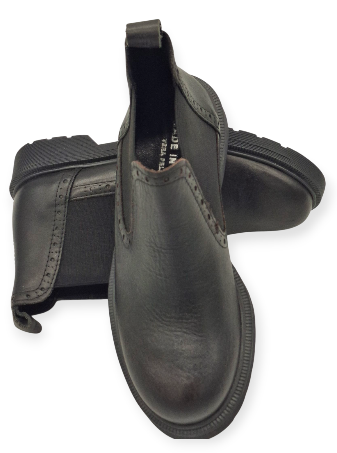 Stivaletto Donna Chelsea Anfibio Vera Pelle Nera con Elastico Scarpe Invernali