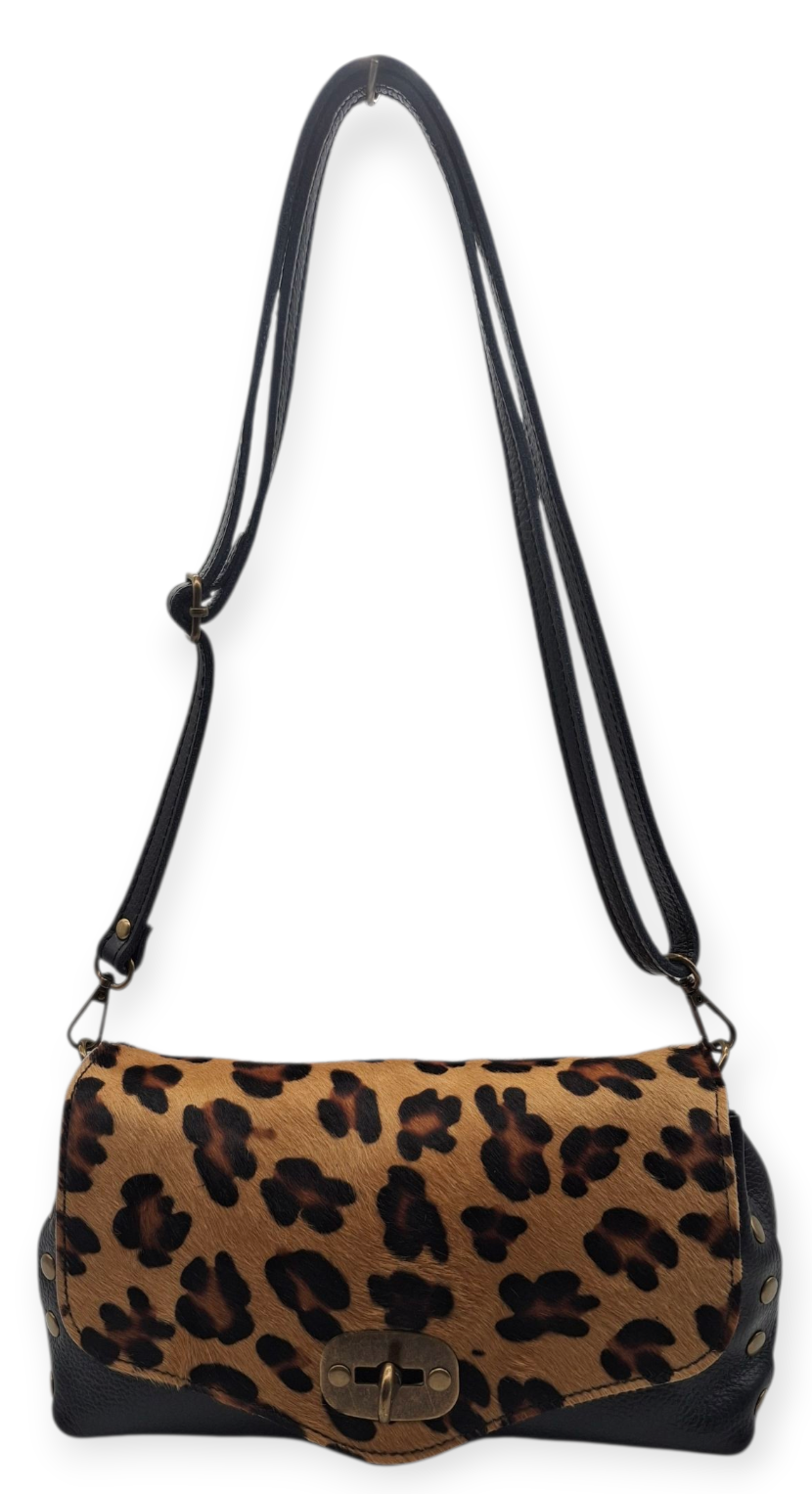 Borsa Tracolla Donna Vera Pelle Leopardata Moro Borchie | Bandoliera Rock Chic