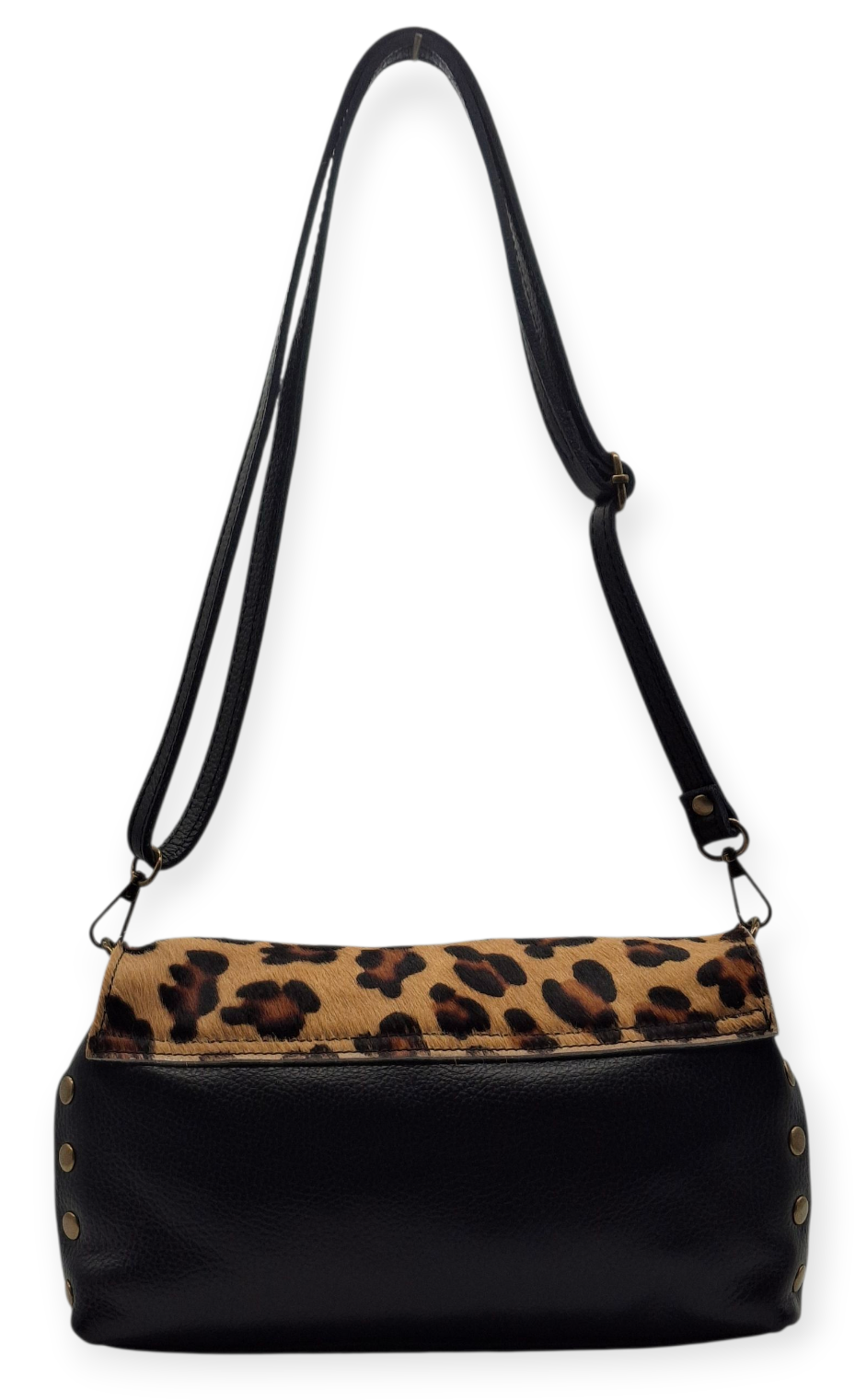 Borsa Tracolla Donna Vera Pelle Leopardata Moro Borchie | Bandoliera Rock Chic