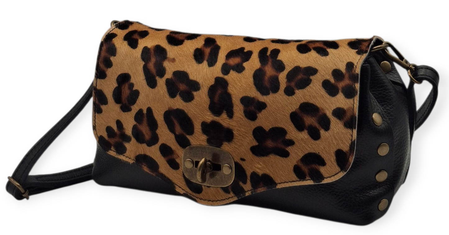 Borsa Tracolla Donna Vera Pelle Leopardata Moro Borchie | Bandoliera Rock Chic