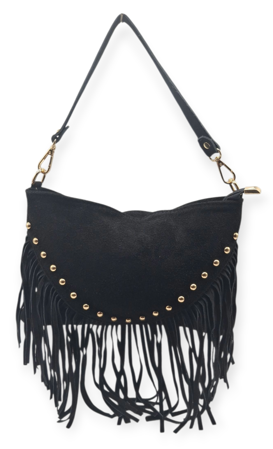 Borsa Nera FRANGE Vera Pelle Scamosciata Borchie Oro Tracolla Pochette Lusso Boh