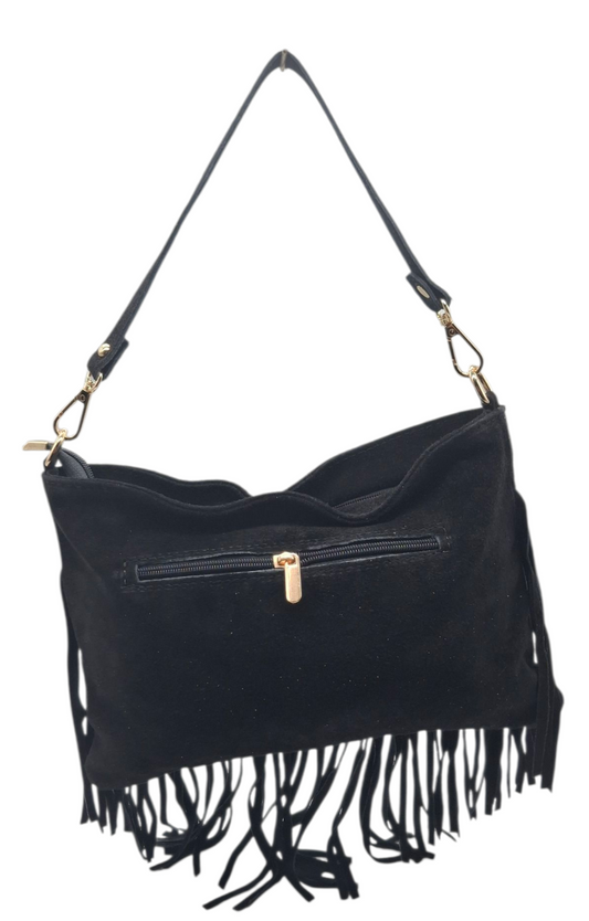 Borsa Nera FRANGE Vera Pelle Scamosciata Borchie Oro Tracolla Pochette Lusso Boh