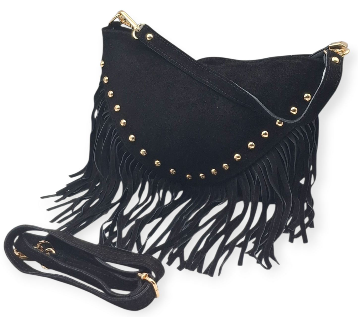Borsa Nera FRANGE Vera Pelle Scamosciata Borchie Oro Tracolla Pochette Lusso Boh