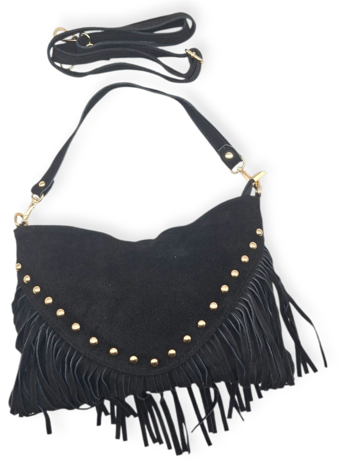 Borsa Nera FRANGE Vera Pelle Scamosciata Borchie Oro Tracolla Pochette Lusso Boh