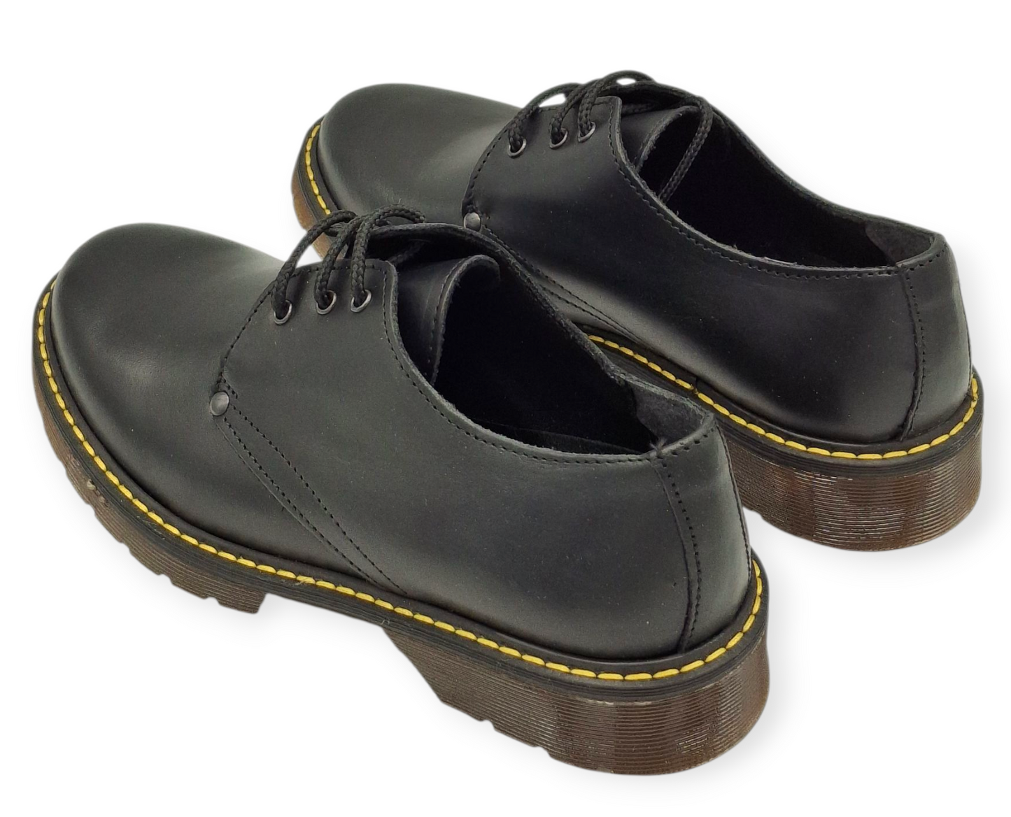 Scarpe Donna Eleganti Derby Nere Vera Pelle Made in Italy Anfibi Suola Gialla