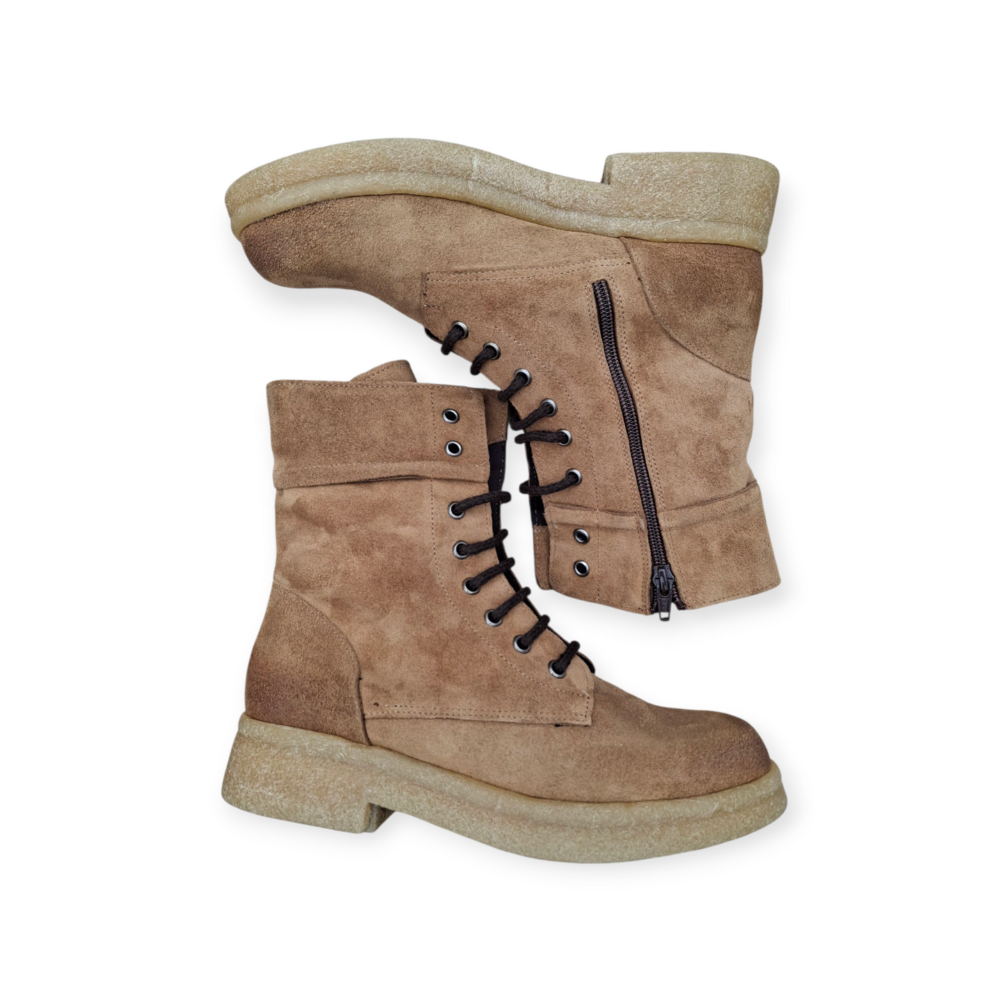 Stivali Combat Anfibi Donna Camoscio Vera Pelle Beige Cammello Suola Carrarmato