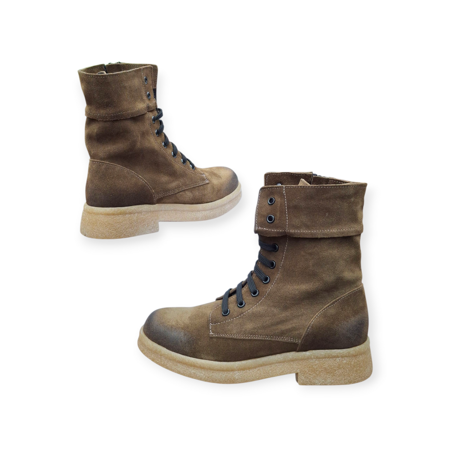 Stivali Combat Anfibi Donna Camoscio Vera Pelle Suola Carrarmato Verde