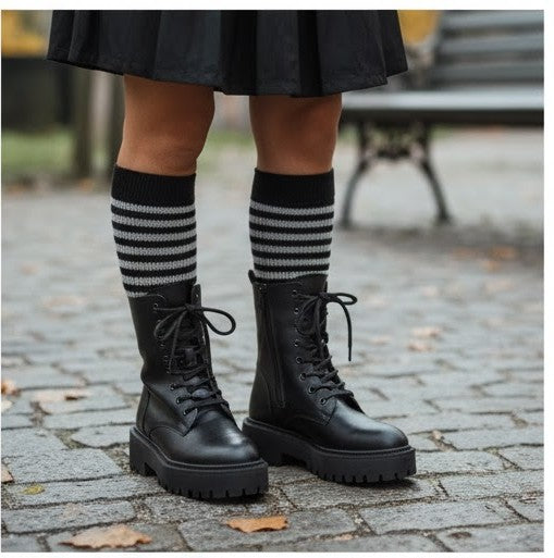 Anfibi Donna Neri Vera Pelle Platform Suola Alta Carrarmato Cerniera Lacci Made Italy