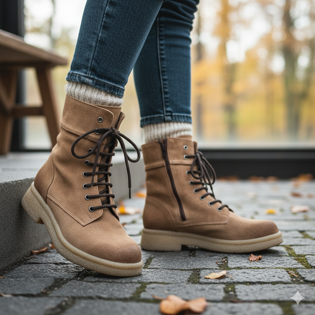 Stivali Combat Anfibi Donna Camoscio Vera Pelle Beige Cammello Suola Carrarmato