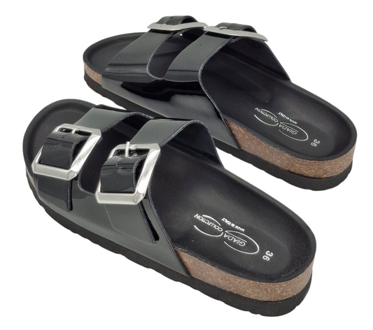 Ciabatte Donna Doppia Fibbia Pelle Nero Lucido Modello Birkenstock Arizona