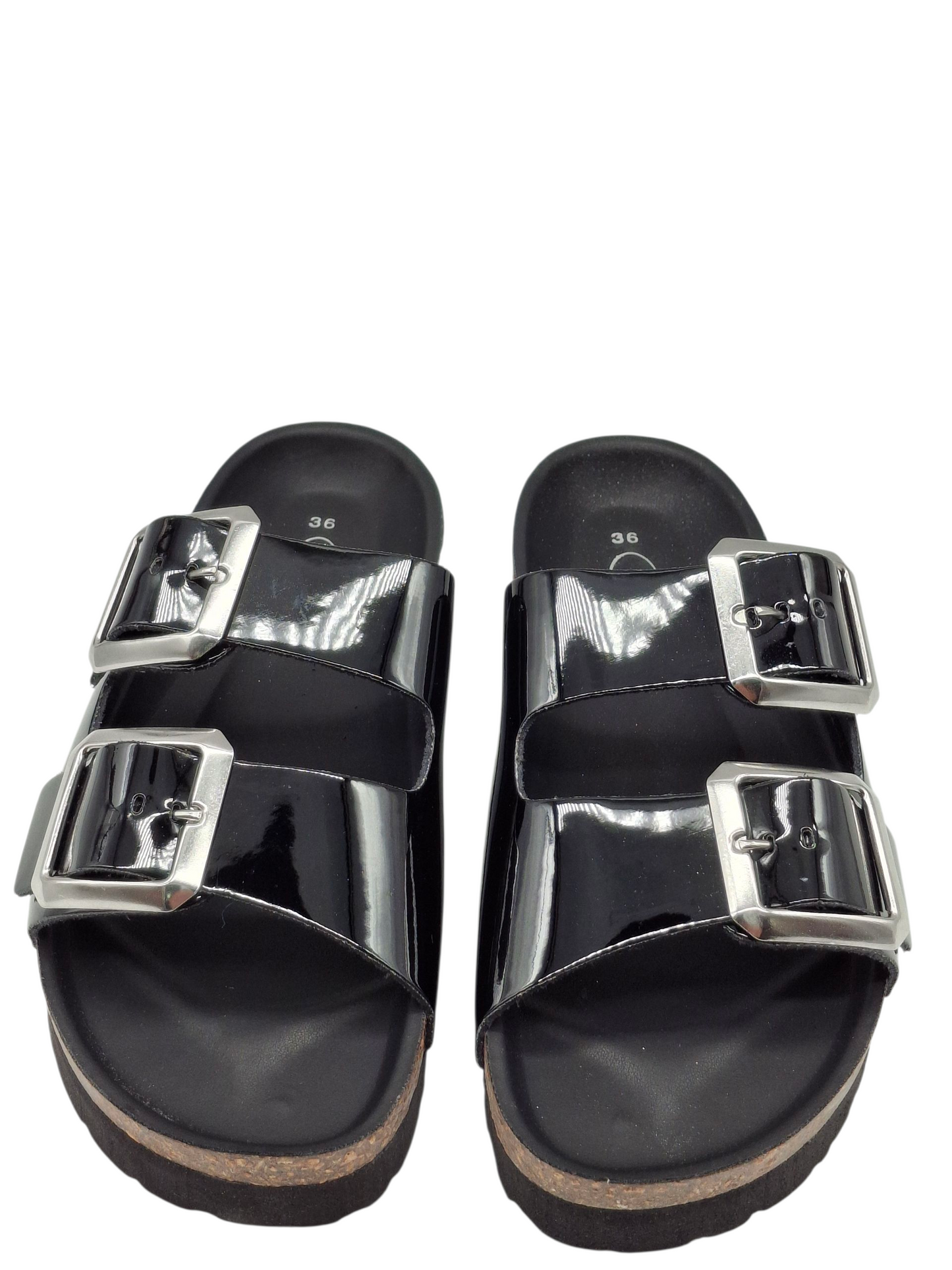 Ciabatte Donna Doppia Fibbia Pelle Nero Lucido Modello Birkenstock Arizona