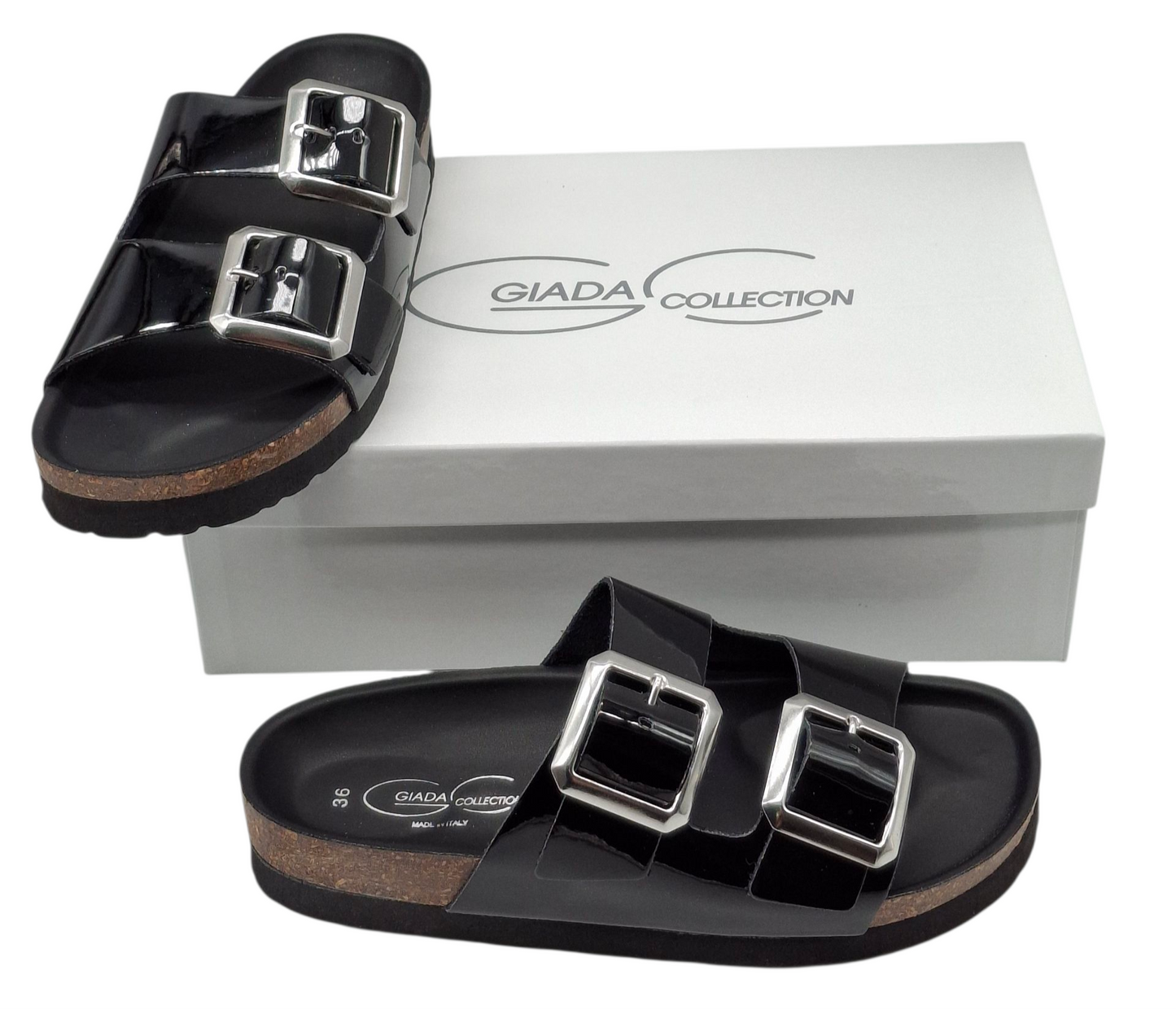 Ciabatte Donna Doppia Fibbia Pelle Nero Lucido Modello Birkenstock Arizona