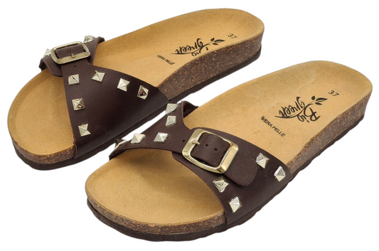 Ciabatte donna stile Birkenstock Bio Green pelle borchiata fibbia regolabile