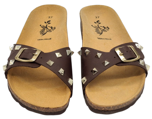 Ciabatte donna stile Birkenstock Bio Green pelle borchiata fibbia regolabile