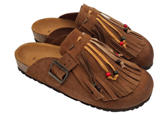 Sabot simil birkenstock Ciabatte con Frange in Camoscio Donna Stile Boho Chic
