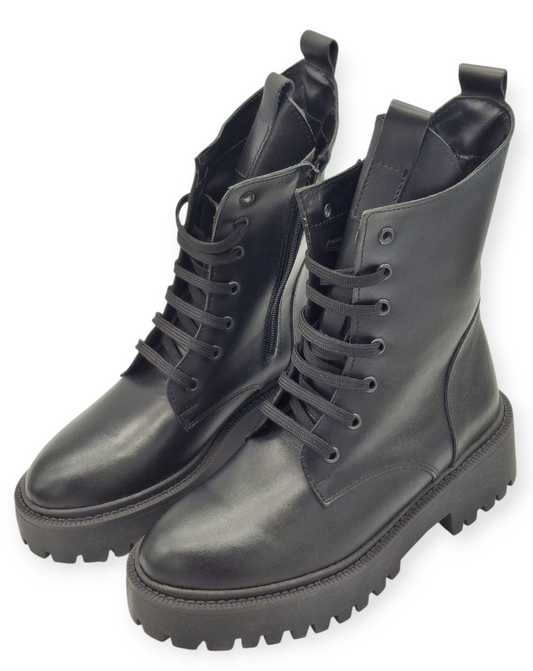 Anfibi Donna Neri Vera Pelle Platform Suola Alta Carrarmato Cerniera Lacci Made Italy