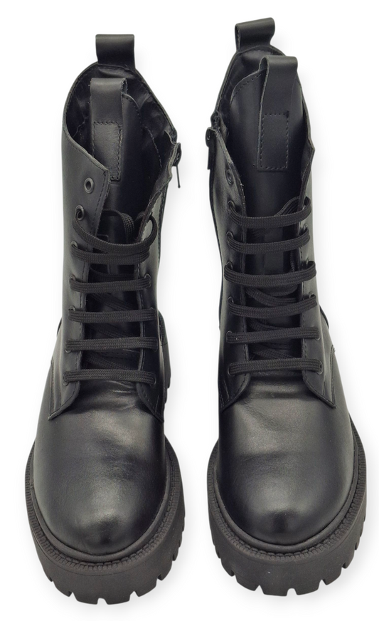 Anfibi Donna Neri Vera Pelle Platform Suola Alta Carrarmato Cerniera Lacci Made Italy