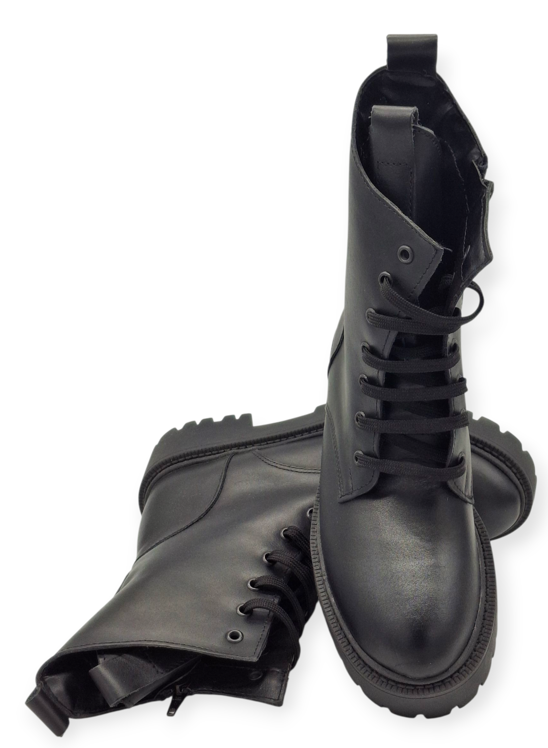 Anfibi Donna Neri Vera Pelle Platform Suola Alta Carrarmato Cerniera Lacci Made Italy