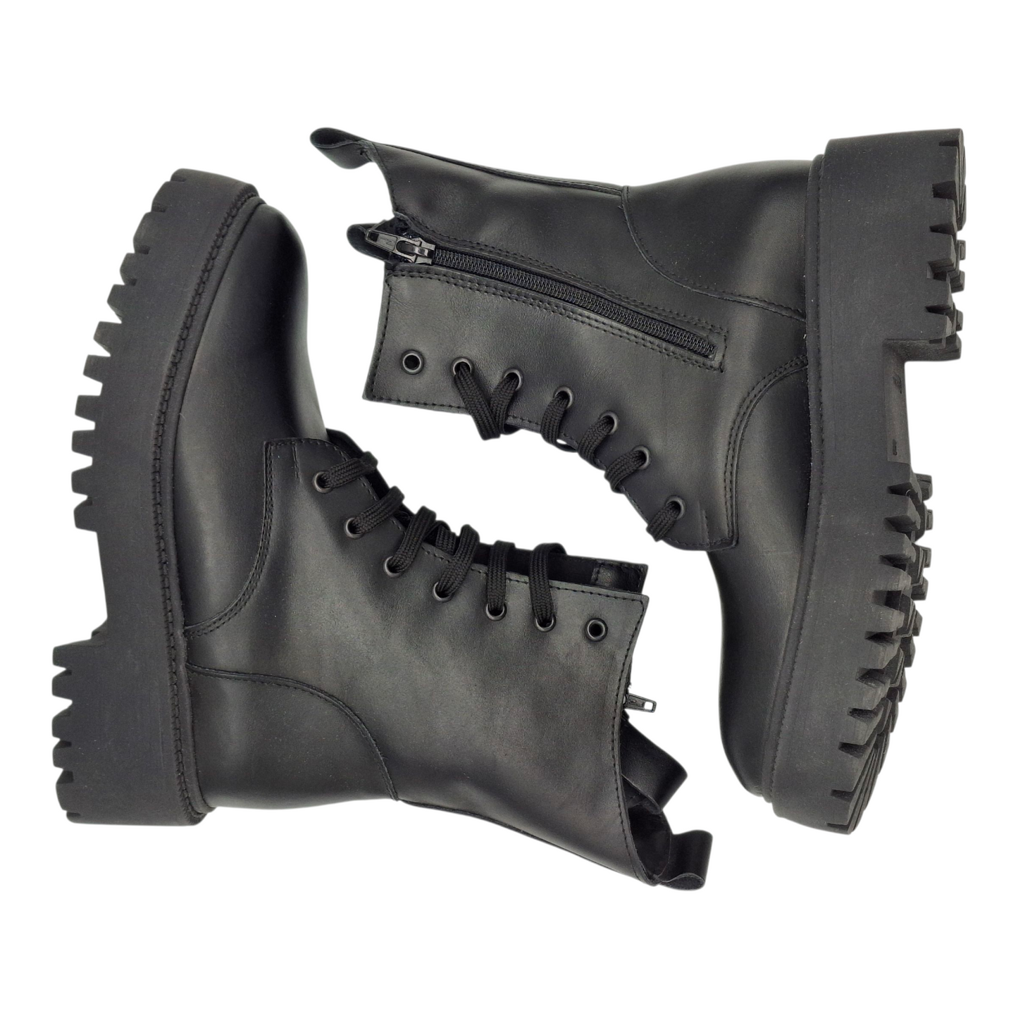 Anfibi Donna Neri Vera Pelle Platform Suola Alta Carrarmato Cerniera Lacci Made Italy