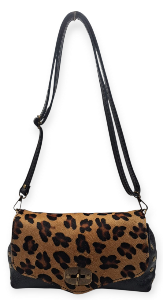 Borsa Tracolla Donna Vera Pelle Leopardata Moro Borchie | Bandoliera Rock Chic