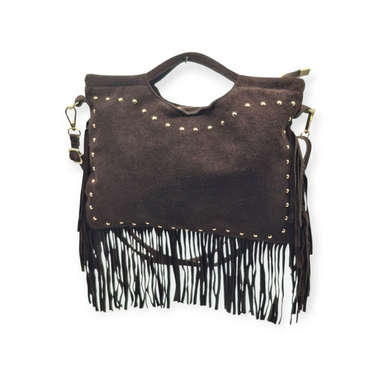 Borsa Donna Suede Frange Borchie Marrone Scuro Tracolla Vera Pelle Stile Boho Ch