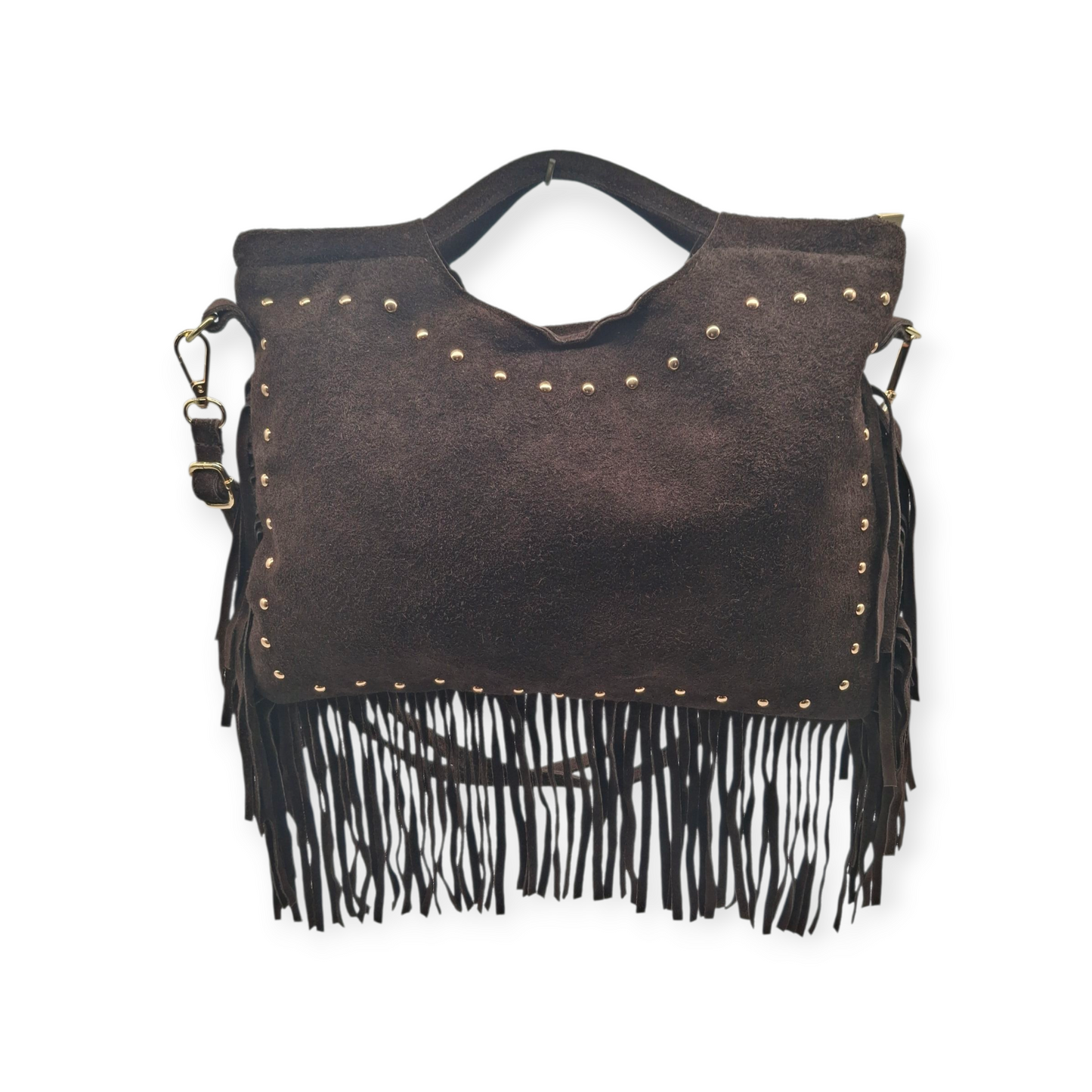 Borsa Donna Suede Frange Borchie Marrone Scuro Tracolla Vera Pelle Stile Boho Ch