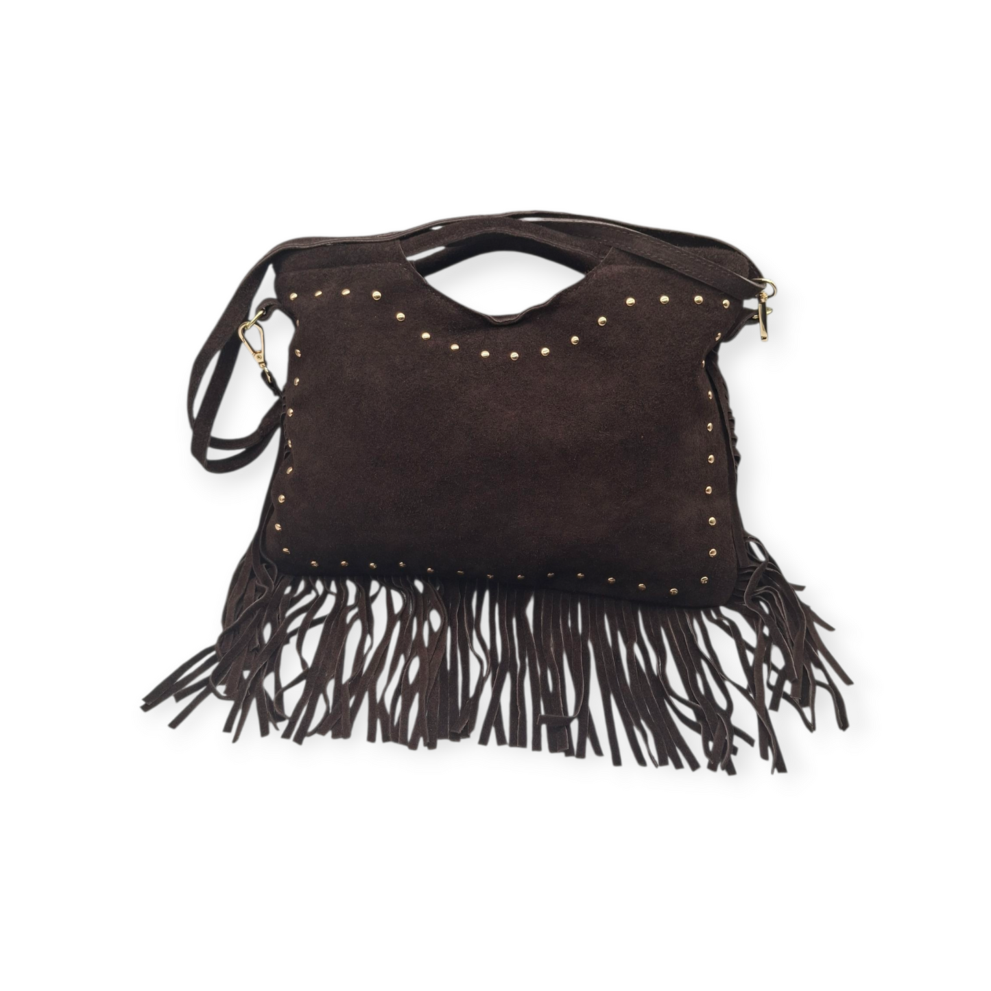 Borsa Donna Suede Frange Borchie Marrone Scuro Tracolla Vera Pelle Stile Boho Ch