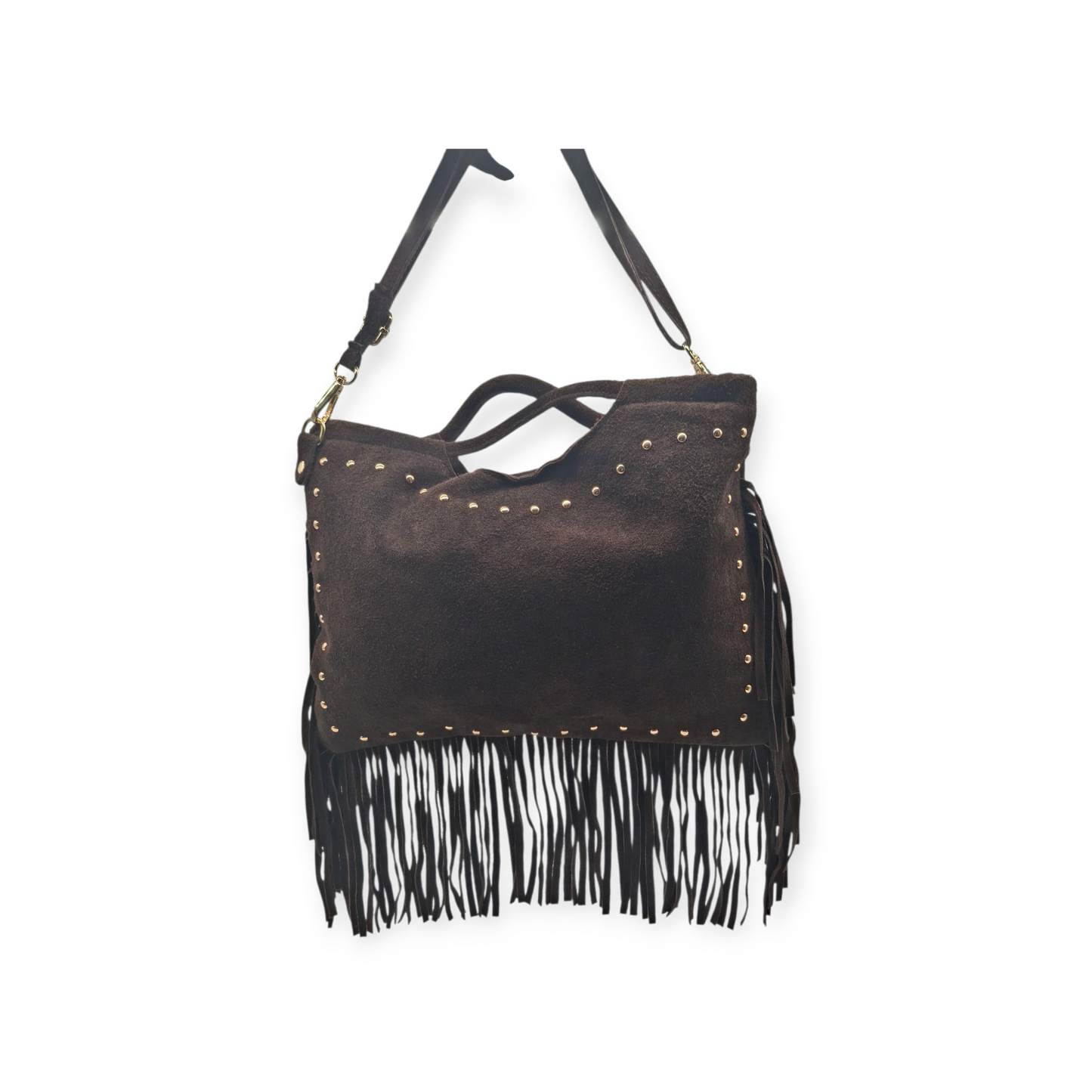 Borsa Donna Suede Frange Borchie Marrone Scuro Tracolla Vera Pelle Stile Boho Ch
