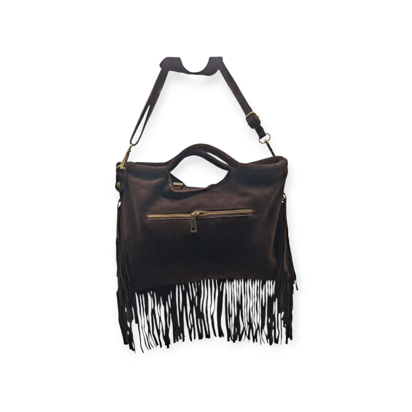 Borsa Donna Suede Frange Borchie Marrone Scuro Tracolla Vera Pelle Stile Boho Ch