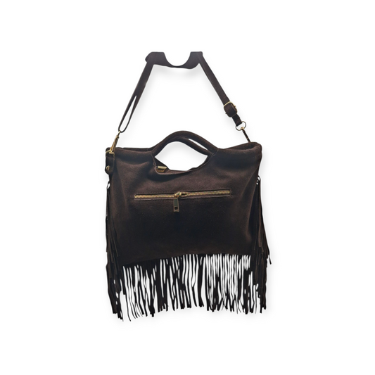 Borsa Donna Suede Frange Borchie Marrone Scuro Tracolla Vera Pelle Stile Boho Ch