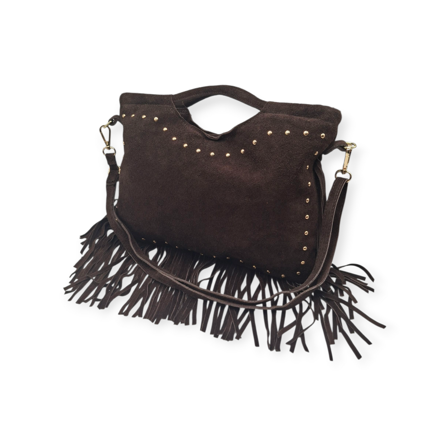 Borsa Donna Suede Frange Borchie Marrone Scuro Tracolla Vera Pelle Stile Boho Ch