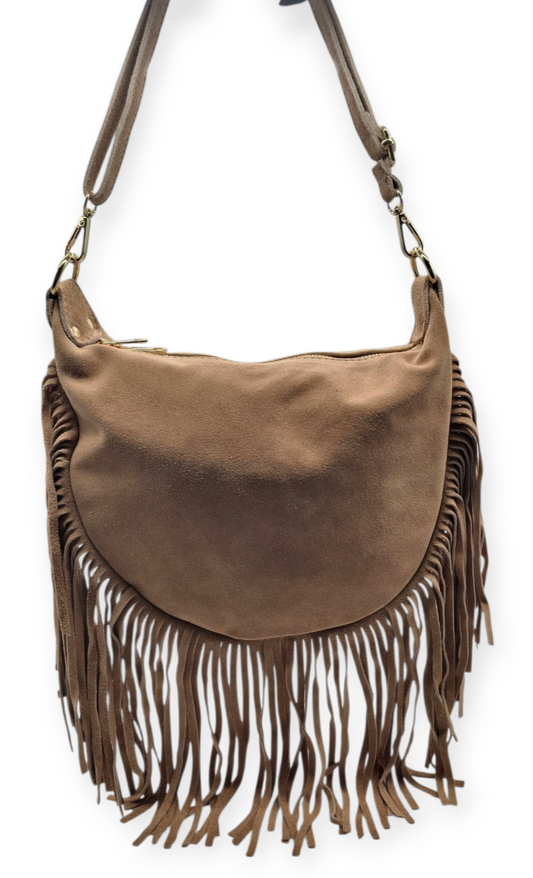 Borsa a Tracolla in Vera Pelle Scamosciata con Frange Stile Boho Chic Camel