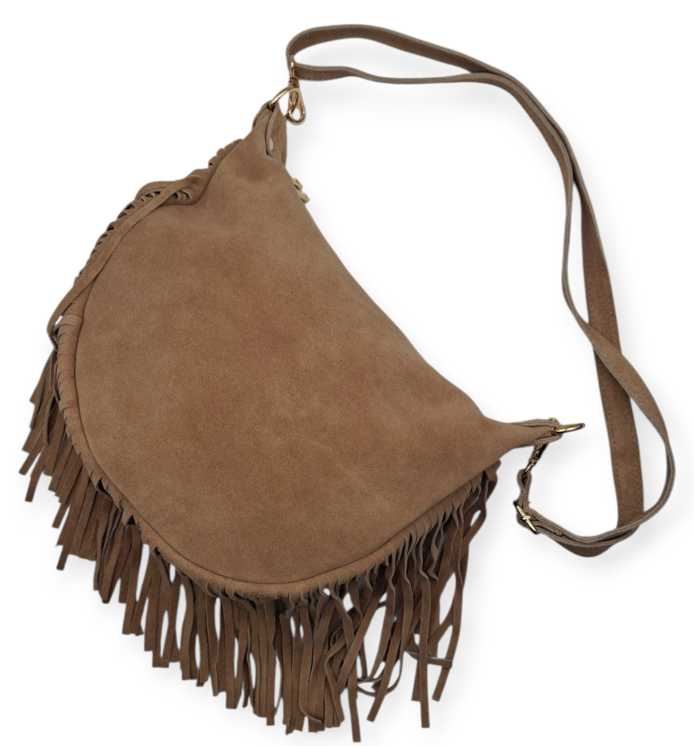 Borsa a Tracolla in Vera Pelle Scamosciata con Frange Stile Boho Chic Camel