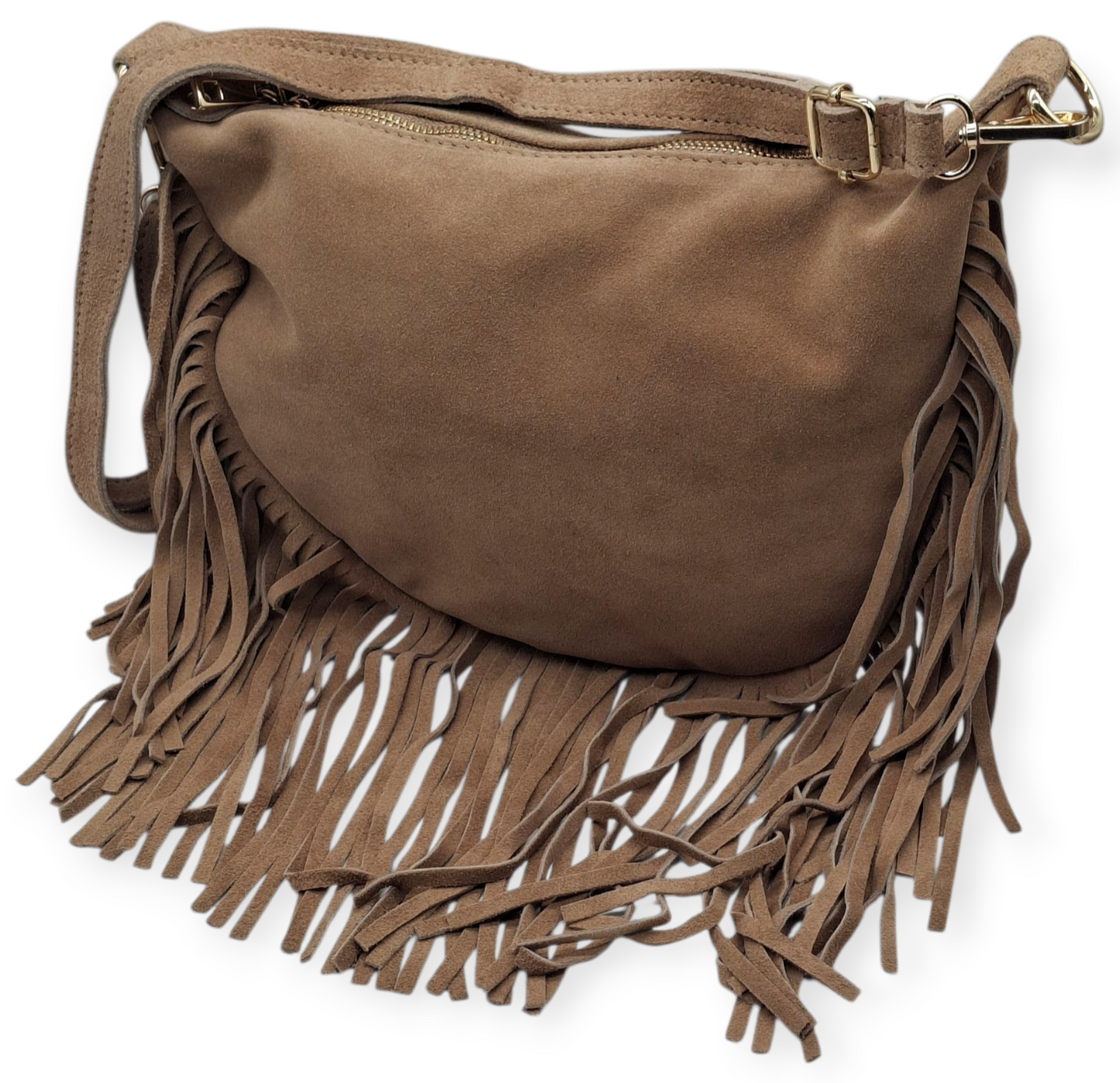 Borsa a Tracolla in Vera Pelle Scamosciata con Frange Stile Boho Chic Camel