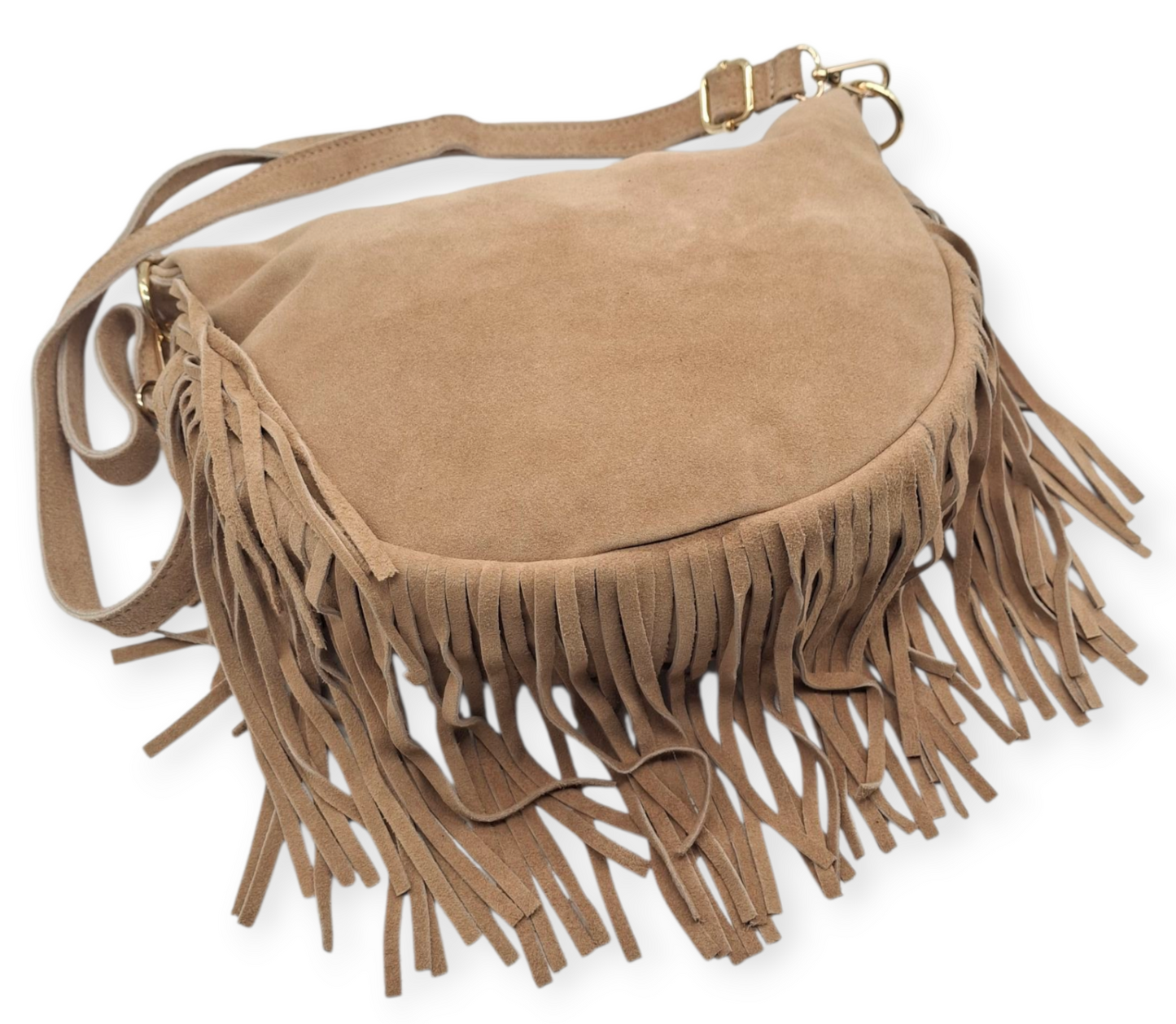 Borsa a Tracolla in Vera Pelle Scamosciata con Frange Stile Boho Chic Camel