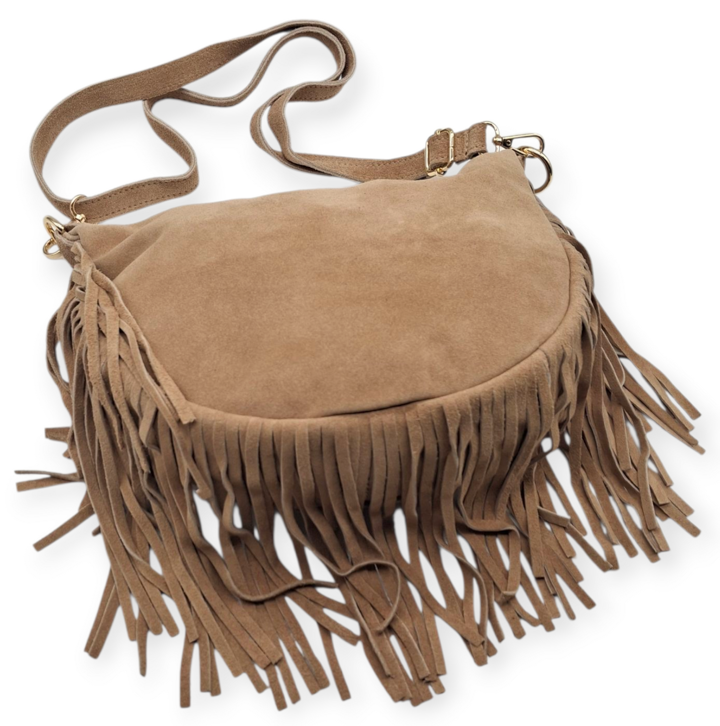 Borsa a Tracolla in Vera Pelle Scamosciata con Frange Stile Boho Chic Camel