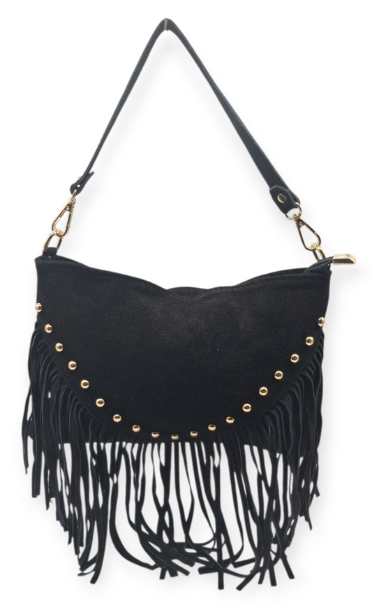 Borsa Nera FRANGE Vera Pelle Scamosciata Borchie Oro Tracolla Pochette Lusso Boh