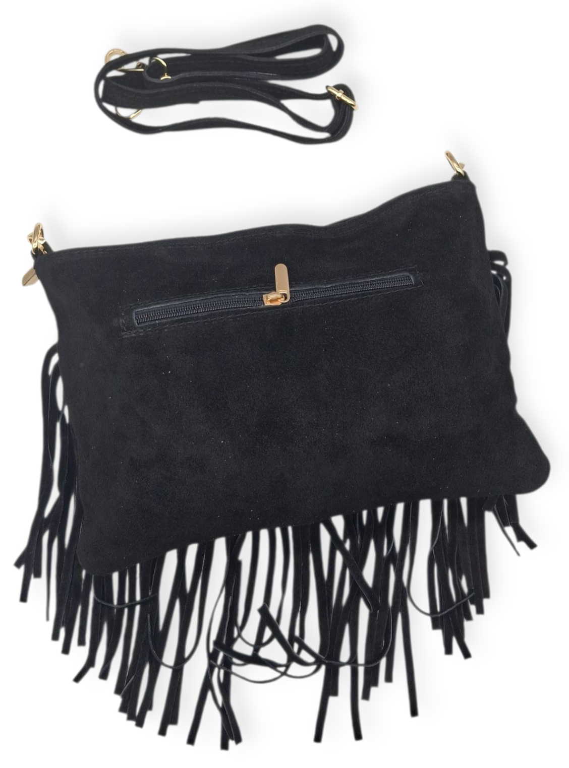 Borsa Nera FRANGE Vera Pelle Scamosciata Borchie Oro Tracolla Pochette Lusso Boh