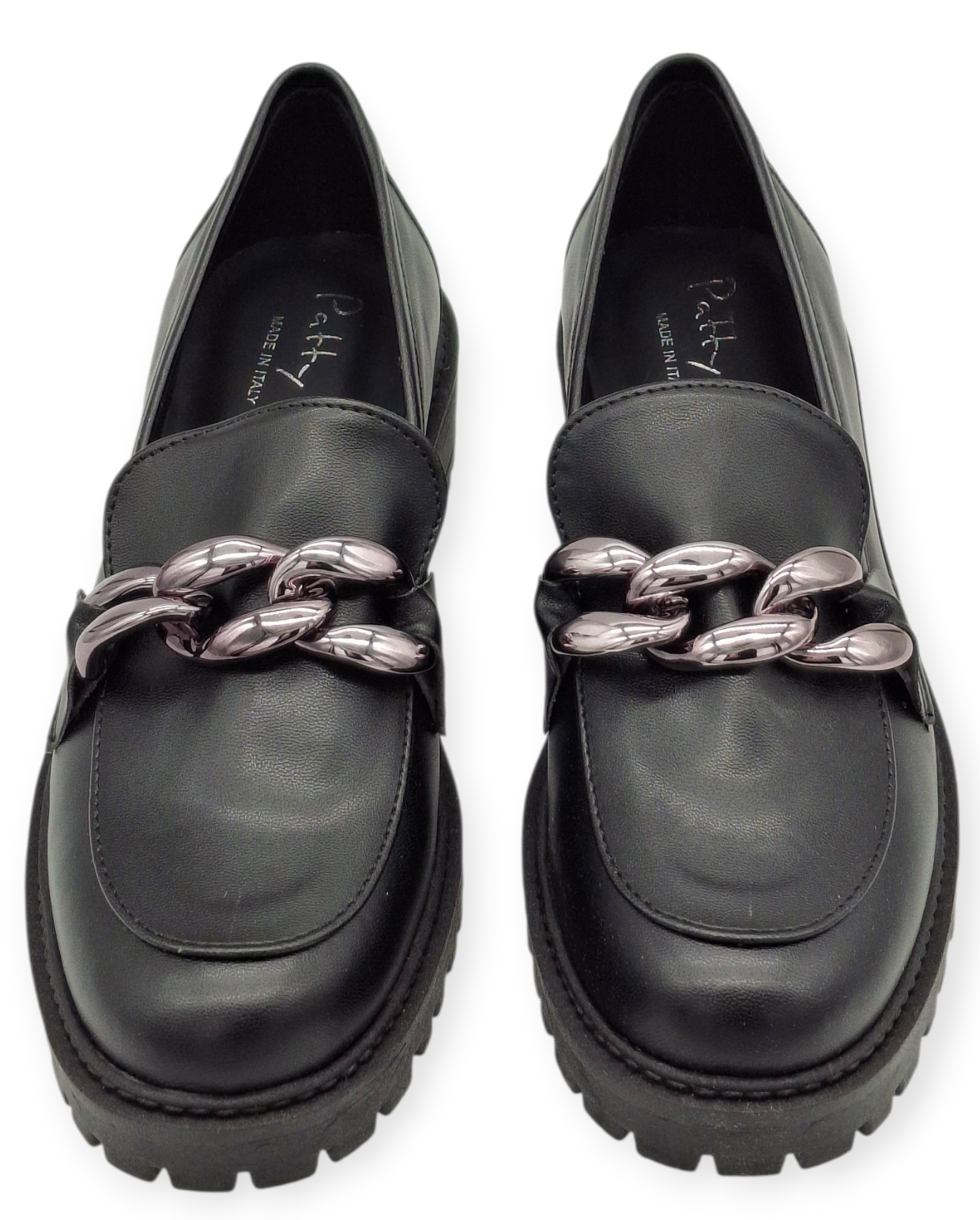 Mocassini Donna Chunky Neri Vera Pelle MADE IN ITALY Catena Argento Suola Alta