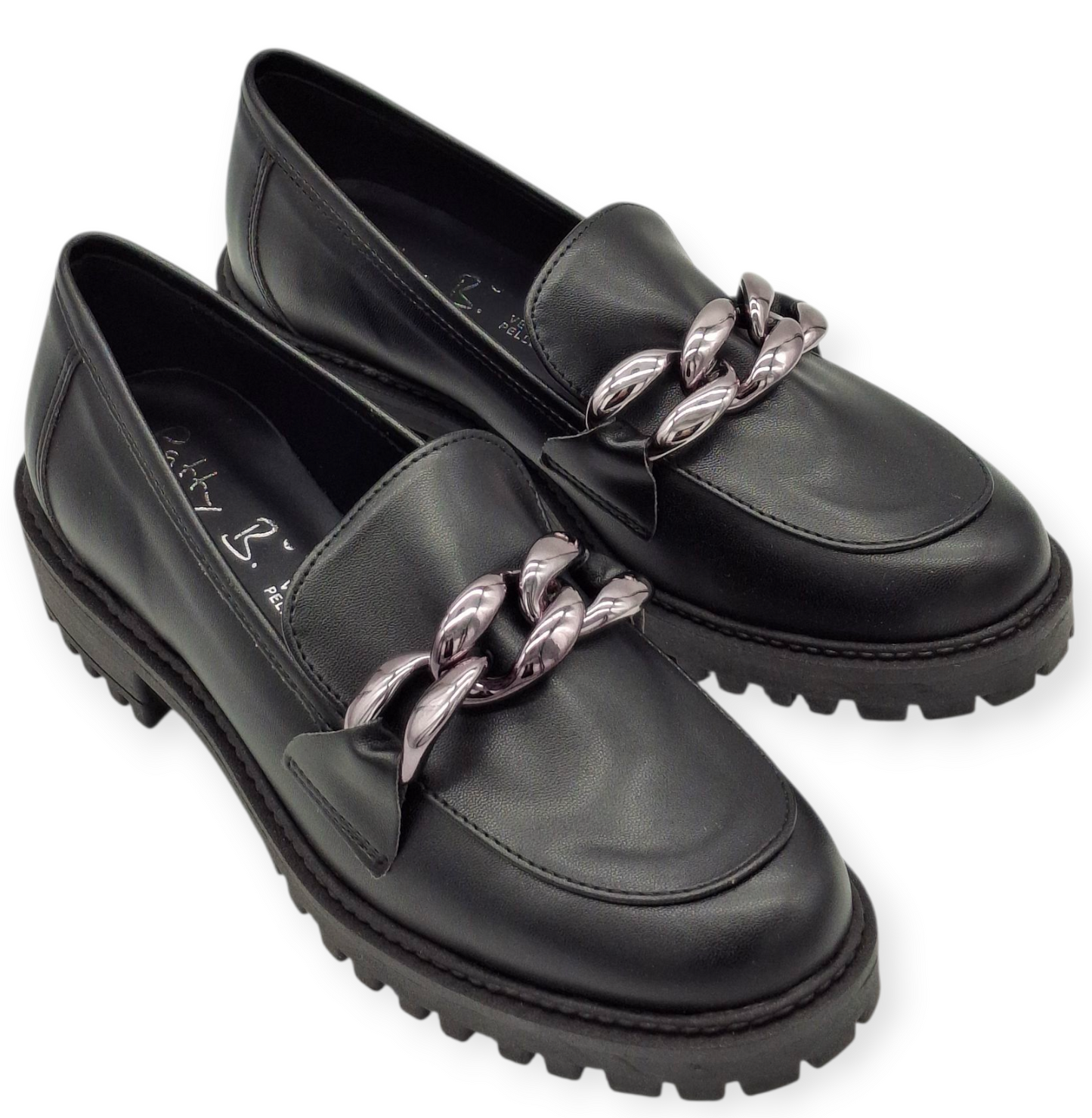 Mocassini Donna Chunky Neri Vera Pelle MADE IN ITALY Catena Argento Suola Alta