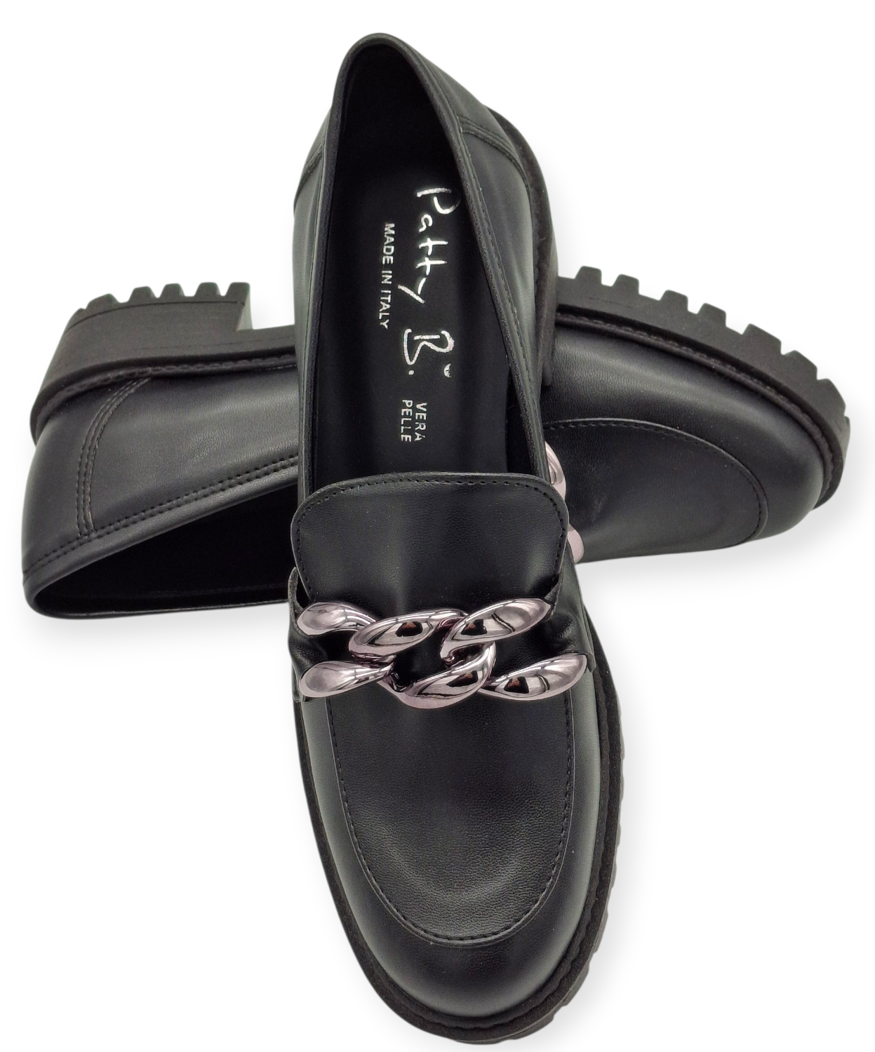 Mocassini Donna Chunky Neri Vera Pelle MADE IN ITALY Catena Argento Suola Alta