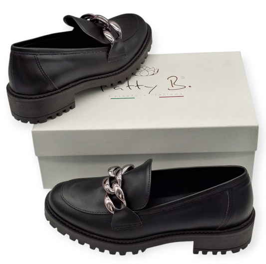 Mocassini Donna Chunky Neri Vera Pelle MADE IN ITALY Catena Argento Suola Alta