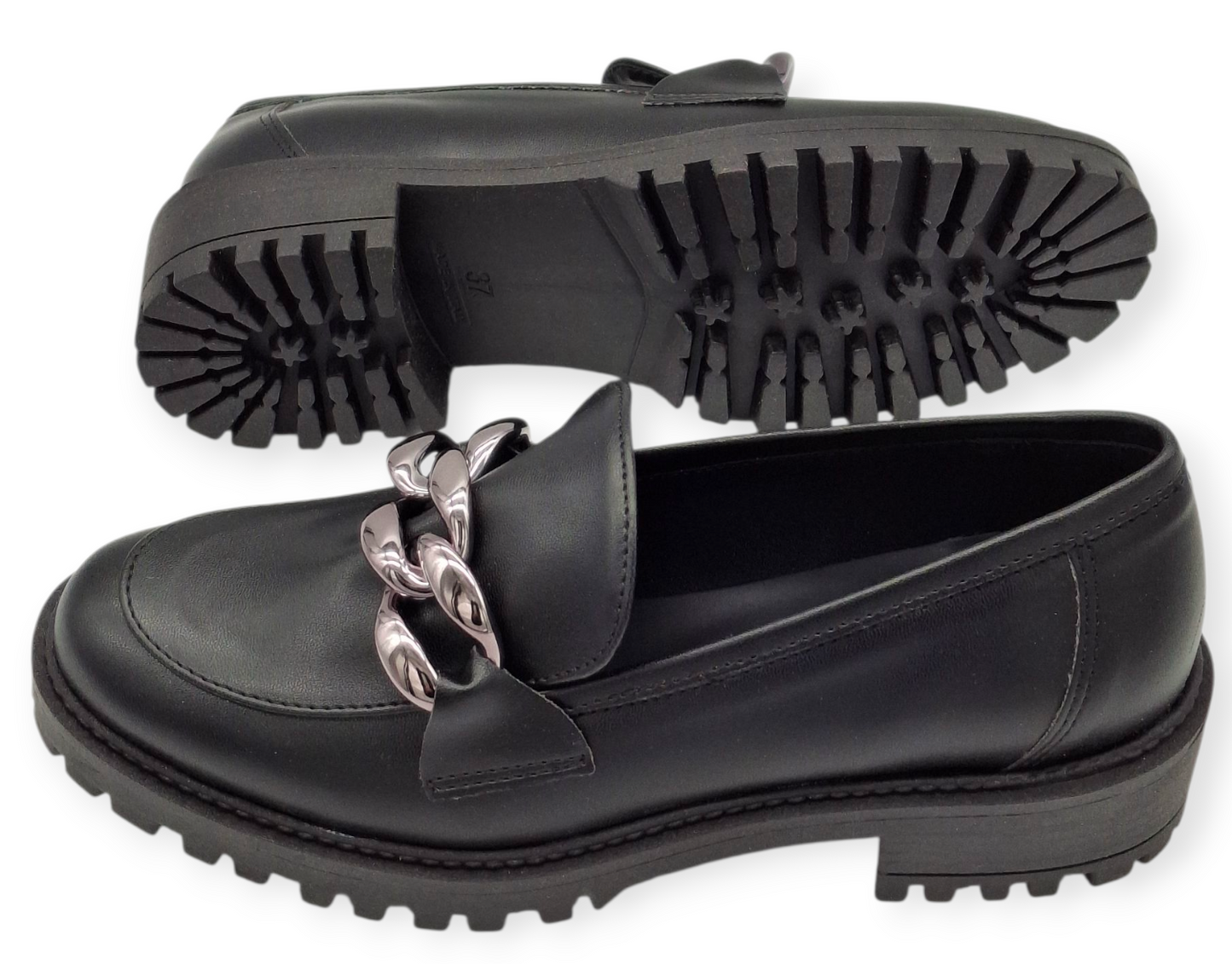 Mocassini Donna Chunky Neri Vera Pelle MADE IN ITALY Catena Argento Suola Alta