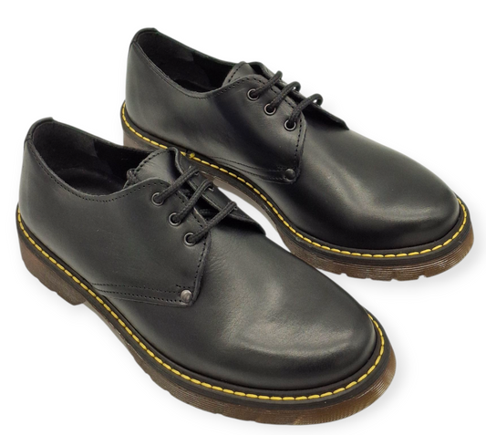 Scarpe Donna Eleganti Derby Nere Vera Pelle Made in Italy Anfibi Suola Gialla