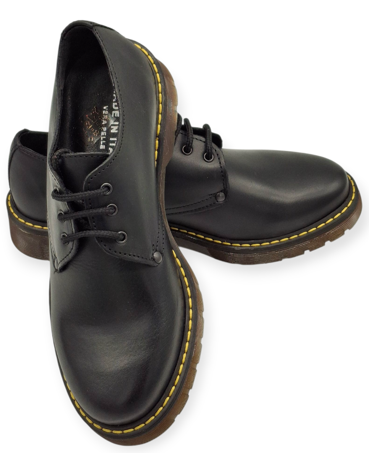 Scarpe Donna Eleganti Derby Nere Vera Pelle Made in Italy Anfibi Suola Gialla